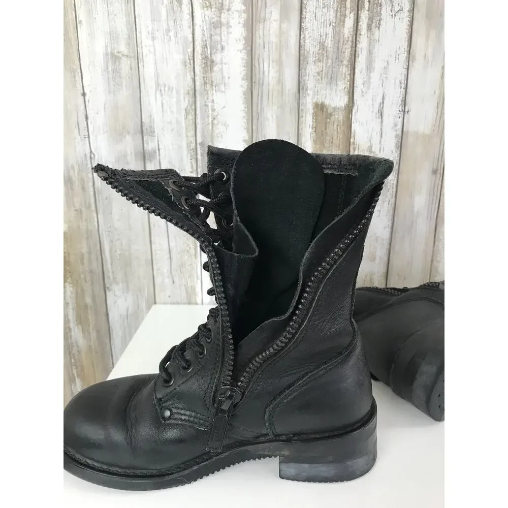 VINTAGE Harley Davidson Black Leather Combat Boots Lace Zip Up 5 Oil Resistant